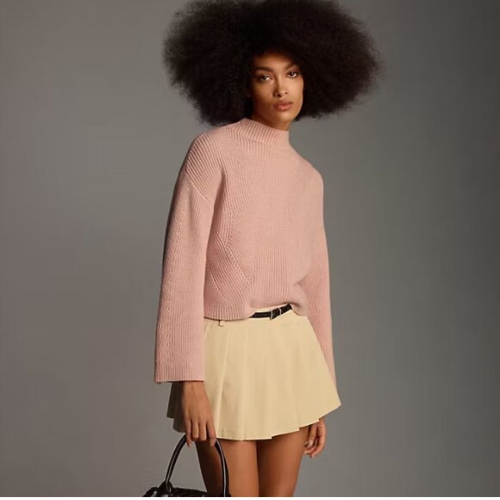 Anthropologie Maeve The Katey Mock Neck Bell Sleeve Top Long Sleeve Pink Sz M
